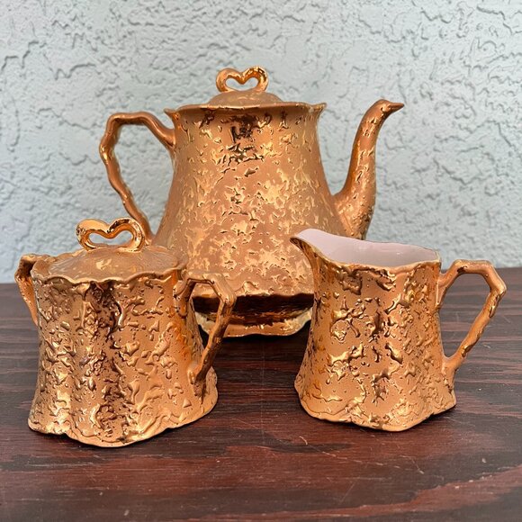 * MINT* Vintage Holley Ross Weeping 22K Gold Tea Set: Teapot, Creamer & Sugar - Picture 1 of 16